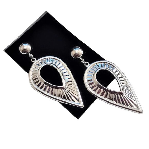 2 3/4 Inch 70mm Teardrop Hoop Pierced Post Earrings Round Bead Silver Tone - Picture 4 of 4